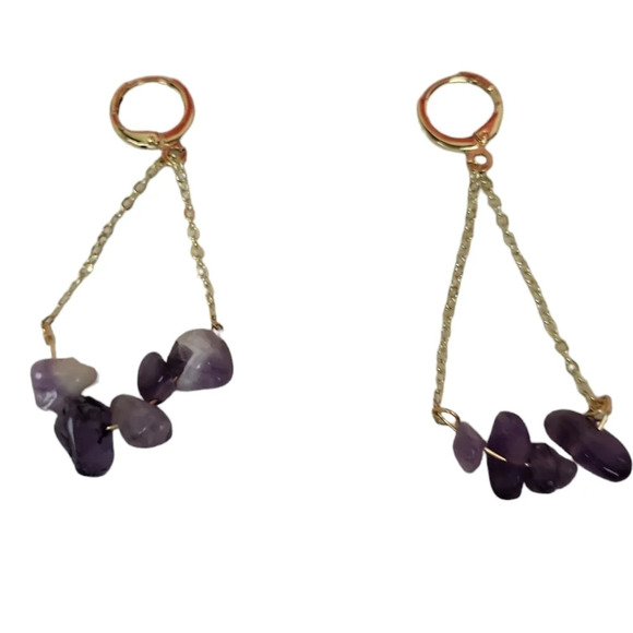 18k Gold Plated Chain Drop Amethyst Huggie Hoop Earring - Picture 3 of 3